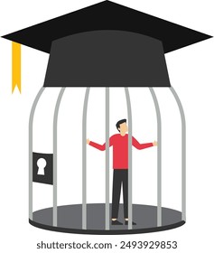 Student loan debt, money trap that graduated have to payback huge amount of money, expensive cost for education concept, depressed confused new graduated student in birdcage with graduation cap. stock