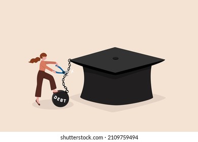 Student loan debt pay off or forgiveness program, cut education expense or reduce fee concept, young adult woman cut chain to relief from student loan debt burden metal ball from graduated mortarboard