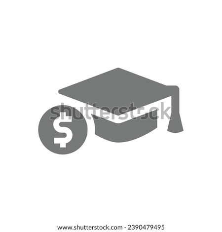 Student loan, education cost vector icon. Graduation cap and money, university fee symbol.