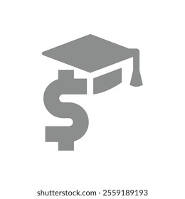 Student loan or education fee for university degree. Graduation cap and dollar vector icon.