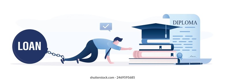 Student loan for education. Unhappy young man is chained to large loan and crawls towards diploma and graduate hat. Inaccessible education, high tuition fees for college or courses. flat vector