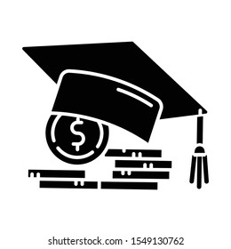 Student loan glyph icon. Credit to pay for university education. Tuition fee. College scolarship. Graduation hat, coin stack. Silhouette symbol. Negative space. Vector isolated illustration