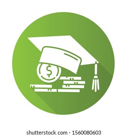 Student loan green flat design long shadow glyph icon. Credit to pay for university education. Tuition fee. Graduation hat, coin stack. College scolarship. Vector silhouette illustration