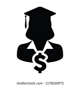 Student loan icon vector female person profile avatar with dollar symbol and mortar board for education in flat color glyph pictogram illustration