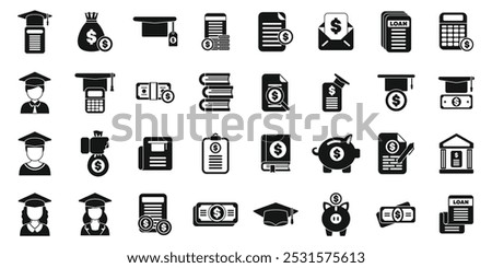 Student loan icons set. This set of icons depicts the financial aspects of higher education, including tuition fees, student loans, scholarships, and saving money