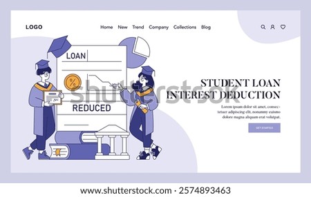 Student Loan Interest Deduction concept. Graduates learn about reduced loan rates and tax benefits. Financial education for post-college debt management. Vector illustration.