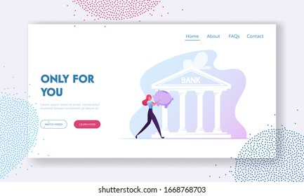 Student Loan, Investment, Debt for Education Landing Page Template. Girl Student Character Carry Piggy Bank Walking to Take Educational Loan for Studying in University. Cartoon Vector Illustration