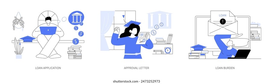 Student loan isolated cartoon vector illustrations set. Young person filling out application, apply for financial aid for college education, get approval letter, feeling debt burden vector cartoon.