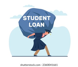 Student loan, man in graduated suit holding heavy student loan rock. Expensive cost for education. Credit for university or college. Cartoon flat style isolated illustration. Vector concept