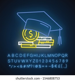 Student loan neon light icon. Credit to pay for university education. Tuition fee. College scolarship. Budget investment. Glowing sign with alphabet, numbers and symbols. Vector isolated illustration