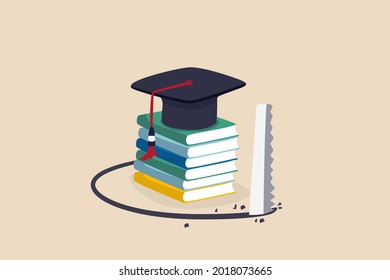 Student loan pitfall, knowledge cost and expense or big debt to pay off for education, high degree ego concept, graduation hat mortar board on book stack being saw to fall down.