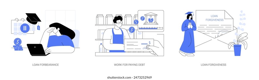 Student loan repayment isolated cartoon vector illustrations set. Loan forbearance, young person work for paying debt, happy girl informed about payment forgiveness, financial aid vector cartoon.