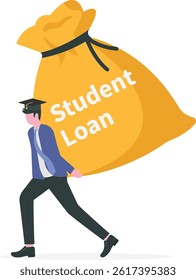 Student loan, saving for school, university or college study cost concept, graduated student wearing graduation ceremony suit holding heavy expensive student loan money bag.

