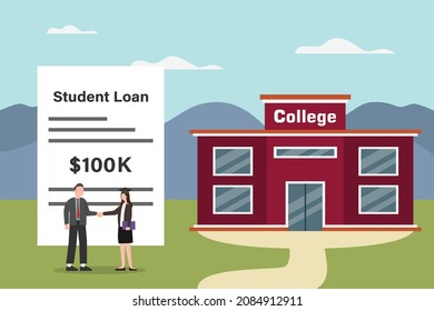 Student Loan Vector Concept. Businessman Handshaking With Female College Student While Standing With Student Loan Bill