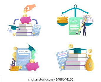 Student loan vector isolated illustration set. Piggy bank with dollar coins, stack of books, graduate hat, diploma etc. Investment in knowledge, scholarship, financial aid money savings for education.