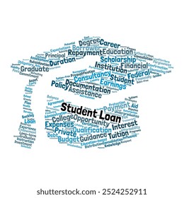 Student Loan Word Cloud. Composition of Words Related to Debt, Repayment, and Education Financing. Isolated Background.