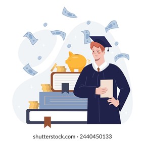 Student loans concept. Man in coat and graduated cap with diploma and certificate. Guy with degree. Education, learning and training. Cartoon flat vector illustration isolated on white background