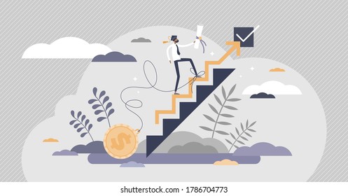 Student loans as financial attachment from university debt flat tiny person concept. Money investment in academic knowledge with payment commitment vector illustration. Graduation with chain to weight