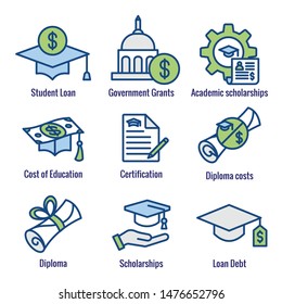 Student Loans Icon Set with Academic Scholarships and Debt Imagery