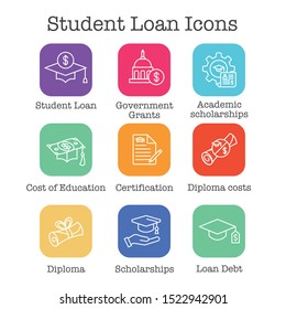Student Loans Icon Set with Academic Scholarships and Debt Imagery