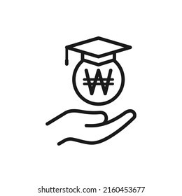 Student loans in Korean won. Academic scholarship line icon isolated on white background. Vector illustration