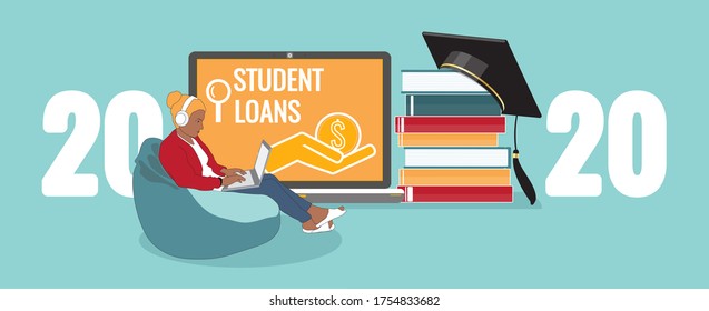 Student loans at laptop screen, credit, searching icons. Books stack, graduate hat, young woman search information online, 2020 student loan news, investment in education, scholarship. Vector banner.