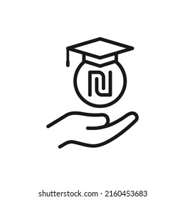 Student loans in shekel. Academic scholarship line icon isolated on white background. Vector illustration