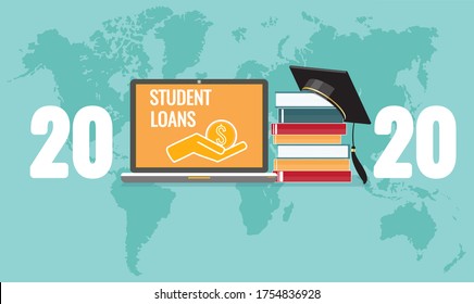 Student loans text at laptop screen, credit icon. Books stack, graduate hat, world map background. 2020 student loan news, investment in education, scholarship. Global education business Vector banner