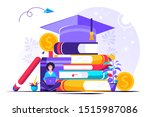 Student loans vector illustration. Flat tiny study finance persons concept. Education investment banking business. Economical system to get money for college or university. Payment obligation symbol.