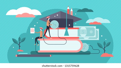 Student loans vector illustration. Flat tiny study finance persons concept. Education investment banking business. Economical system to get money for college or university. Payment obligation symbol.