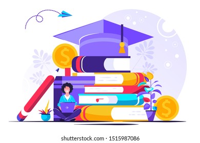 Student loans vector illustration. Flat tiny study finance persons concept. Education investment banking business. Economical system to get money for college or university. Payment obligation symbol.