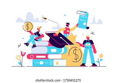 Student loans vector illustration. Flat tiny study finance persons concept. Education investment banking business. Economical system to get money for college or university. Payment obligation symbol.