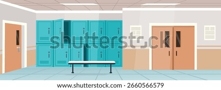 Student locker. Classroom illustration. School interior. Locker room. School hallway. Lobby.