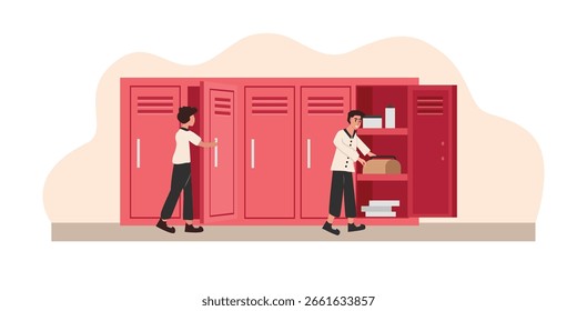 Armário do estudante. As pessoas abrem o armário. Armário para o homem.