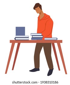 Student looking for book in library or bookstore or market. Isolated male character reading books, publications on table for sale. Person preparing for exam searching information. Vector in flat style