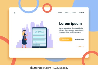 Student looking at electronic diploma on gadget screen. Graduation cap, gown, tablet flat vector illustration. Education degree, online learning concept for banner, website design or landing web page