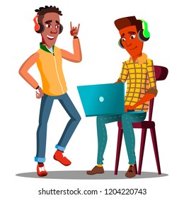 Student Looking At Laptop And Listening To Music On Headphones Vector. Isolated Illustration