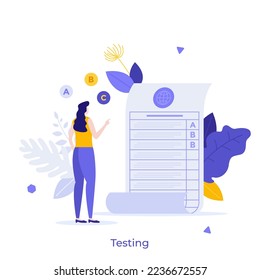 Student looking at list with scores or grades. Concept of university or college exams, testing of academic knowledge, evaluation of study performance. Modern flat vector illustration for poster.