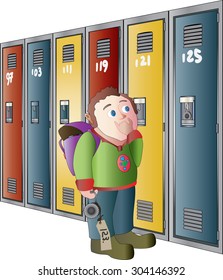 Student looking lost at locker on his first day at a new school.