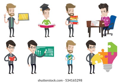 Estudiante mirando el papel de prueba con mala nota. Estudiante decepcionó el examen con grado F. Estudiante insatisfecho con los resultados de las pruebas. Conjunto de ilustraciones de diseño plano vectorial aisladas en fondo blanco.