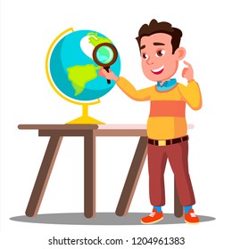 Student Looking Through A Magnifying Glass Globe, Geography Lesson Vector. Isolated Illustration
