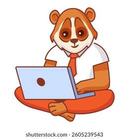 Student lori working on the laptop computer.Study online animal lori  .Online children education.School boy lori working at the laptop.Active young kid animal.Student hands using laptop. Vector flat.