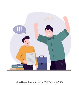 Student with lowest grade for lesson or homework. Schoolboy getting bad marks. Studying badly and low mark. Angry father screaming and bullying unhappy son. Family violence. flat vector illustration