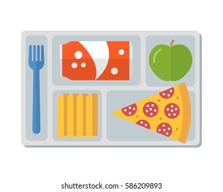 Student lunch on a tray: pepperoni pizza, french fries, green apple, can of soda. Flat design. Vector illustration.