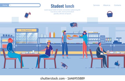 Student Lunch Program. Landing Page Layout Flat Design. Cartoon Young People Eating, Drinking, Communicating in Canteen Dining Room. School Cafeteria Interior. Friends Sit in Cafe. Vector Illustration