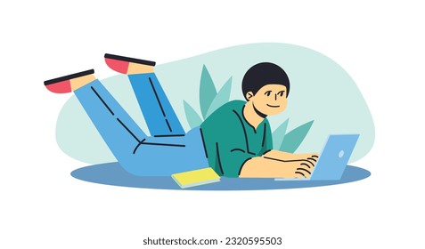 Student lying on floor and studying online. Young male working from home, doing homework. Online distance learning in college concept. Flat vector illustration in blue colors