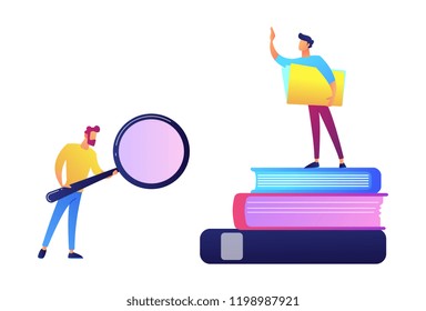 Student with magnifier and student standing on stack of books vector illustration.