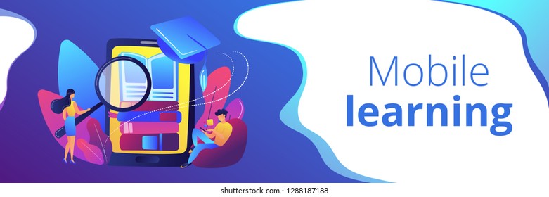 Student with magnifier studing in mobile phone. Mobile learning, learning application, m-learning education concept. Header or footer banner template with copy space.