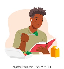 Student Male Character Seated At Table Eating Lunch with Book in Hands. Concept of Scholarly And Studious Atmosphere, Educational Academic Process, Busy Lifestyle. Cartoon People Vector Illustration