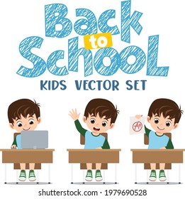 Student male or School Boy character in sitting pose using computer, raising hand and got a high score. Flat cartoon style vector illustration isolated on white background.